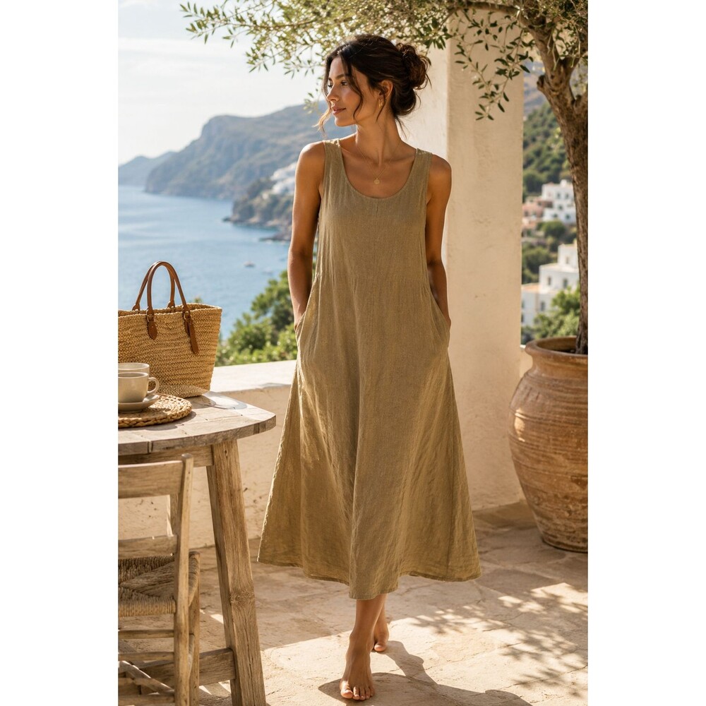 DKNY 100% Linen Midi Dress Olive Quiet Luxury Minimalist Size 4